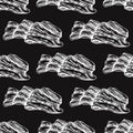 Hand-drawn seamless pattern of bacon in engraved vintage style. Hand-drawn vector white pattern of hamon or pork meat, ham slice.