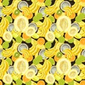 Hand drawn seamless pattern with bananas, coconuts, pineapples and melon.