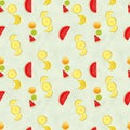 Hand drawn seamless pattern with bananas, pineapples papaya and melon.