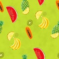 Hand drawn seamless pattern with bananas, pineapples papaya and melon.