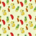 Hand drawn seamless pattern with bananas, pineapples papaya and melon.