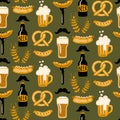 Hand drawn seamless pattern with Beer and Food. Craft beer print.