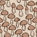 Hand drawn seamless pattern with beige brown forest wood mushrooms. Woodland minimalist toadstool wild fungus fungi
