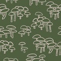 Hand drawn seamless pattern with beige forest wood mushrooms on sgae green khaki background. Woodland minimalist