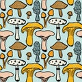 Hand drawn seamless pattern with beige yellow blue forest wood mushrooms. Woodland minimalist toadstool wild fungus Royalty Free Stock Photo