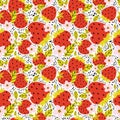 Hand drawn seamless pattern with berries and strawberry flowers with leaves on a white background. Summer background sweet berries