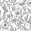 Hand drawn seamless pattern with birds and flowers. Hummingbirds and flowers, retro style, antique backdrop.