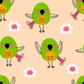 Hand drawn seamless pattern with birds and flowers. Perfect for T-shirt, textile and print. Doodle vector illustration for decor Royalty Free Stock Photo