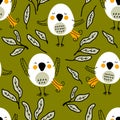 Hand drawn seamless pattern with birds and leaves. Perfect for T-shirt, textile and print. Royalty Free Stock Photo