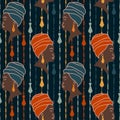 Hand drawn seamless pattern with black african american women with ethnic tassel earrings and headwrap. Blue orange