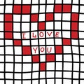 Hand drawn Seamless pattern with black grid, red heart and I love you text. Trendy checkered seamless pattern