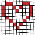 Hand drawn Seamless pattern with black grid, red heart. Trendy checkered seamless pattern