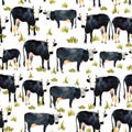 Hand drawn seamless pattern with black and white kine. Cow in wa
