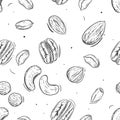 Hand drawn seamless pattern black and white of nuts, peanuts, almonds, pecans, cashews, hazelnuts. Vector illustration