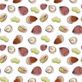 Hand drawn seamless pattern black and white of nuts, peanuts, almonds, pecans, cashews, hazelnuts.