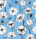 Hand drawn seamless pattern with black and white poppy flower head