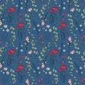 Hand drawn seamless pattern of blooming magnolia, iris, poppy flower, eucalyptus, canterbury bell, daisy. Floral collection on