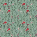 Hand drawn seamless pattern of blooming magnolia, iris, poppy flower, eucalyptus, canterbury bell, daisy. Floral collection on
