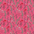 Hand drawn seamless pattern of blooming magnolia, iris, poppy flower, eucalyptus, canterbury bell, daisy. Floral collection on red