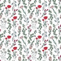 Hand drawn seamless pattern of blooming magnolia, iris, poppy flower, eucalyptus, canterbury bell, daisy. Floral collection on Royalty Free Stock Photo