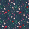 Hand drawn seamless pattern of blooming magnolia, iris, poppy flower, rose, tulip. Floral collection on a blue background. Royalty Free Stock Photo