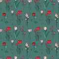 Hand drawn seamless pattern of blooming magnolia, iris, poppy flower, rose, tulip. Floral collection on a green background. Royalty Free Stock Photo
