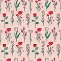 Hand drawn seamless pattern of blooming magnolia, iris, poppy flower, rose, tulip. Floral collection on a pink background. Royalty Free Stock Photo