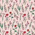 Hand drawn seamless pattern of blooming magnolia, iris, poppy flower, rose, tulip. Floral collection on a pink background. Royalty Free Stock Photo