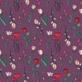 Hand drawn seamless pattern of blooming magnolia, iris, poppy flower, rose, tulip. Floral collection on a purple background. Royalty Free Stock Photo