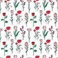 Hand drawn seamless pattern of blooming magnolia, iris, poppy flower, rose, tulip. Floral collection on a white background. Royalty Free Stock Photo