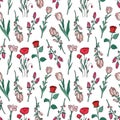 Hand drawn seamless pattern of blooming magnolia, iris, poppy flower, rose, tulip. Floral collection on a white background. Royalty Free Stock Photo
