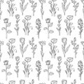 Hand drawn seamless pattern of blooming magnolia, iris, poppy flower, rose, tulip. Floral outline collection on a white background Royalty Free Stock Photo