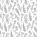 Hand drawn seamless pattern of blooming magnolia, iris, poppy flower, rose, tulip. Floral outline collection on white background. Royalty Free Stock Photo