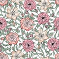 Hand drawn seamless pattern of blooming peony, rose, lily. Colorful flowers and branches with leaves. Decorative floral vector Royalty Free Stock Photo