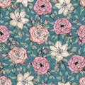 Hand drawn seamless pattern of blooming peony, rose, lily. Colorful flowers and branches with leaves. Decorative floral vector Royalty Free Stock Photo