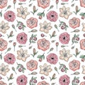 Hand drawn seamless pattern of blooming peony, rose, lily. Colorful flowers and branches with leaves. Decorative floral vector Royalty Free Stock Photo