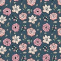 Hand drawn seamless pattern of blooming peony, rose, lily. Colorful flowers and branches with leaves. Decorative floral vector Royalty Free Stock Photo