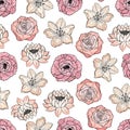 Hand drawn seamless pattern of blooming peony, rose, lily, lotus. Botanical colorful flowers. Decorative floral vector Royalty Free Stock Photo