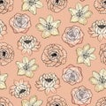 Hand drawn seamless pattern of blooming peony, rose, lily, lotus. Botanical colorful flowers. Decorative floral vector