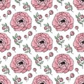 Hand drawn seamless pattern of blooming pink peonies. Colorful flowers and branches with leaves. Decorative floral vector Royalty Free Stock Photo