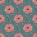 Hand drawn seamless pattern of blooming pink peonies. Colorful flowers and branches with leaves. Decorative floral vector Royalty Free Stock Photo