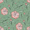 Hand drawn seamless pattern of blooming pink roses. Colorful flowers and branches with leaves. Decorative floral vector Royalty Free Stock Photo