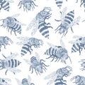 Hand drawn seamless pattern with blue bees on white background. Vintage style.