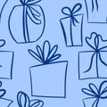 Hand drawn seamless pattern with blue festive gift present box with bow ribbon. Party birthday decor celebration, simple Royalty Free Stock Photo