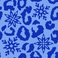 Hand drawn seamless pattern of blue leopard cheetah snow snowflake christmas print. Wild animal skin fur background Royalty Free Stock Photo