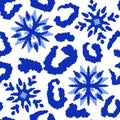 Hand drawn seamless pattern of blue leopard cheetah snow snowflake christmas print. Wild animal skin fur background Royalty Free Stock Photo