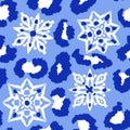 Hand drawn seamless pattern of blue leopard cheetah snow snowflake christmas print. Wild animal skin fur background Royalty Free Stock Photo