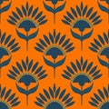 Hand drawn seamless pattern with blue scandi scandinavian flowers on bright orange background. Retro vintage mid century