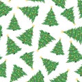 Hand drawn seamless pattern of bright green Christmas trees, decoration balls, stars, garlands. Happy New Year and Christmas Royalty Free Stock Photo