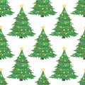 Hand drawn seamless pattern of bright green Christmas trees, decoration balls, stars, garlands. Happy New Year and Christmas Royalty Free Stock Photo